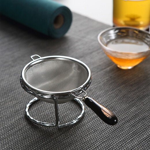 Jiutang Japanese-style stainless steel tea drain, tea filter, tea filter, handmade rattan tea drain, tea ceremony tea tray accessories, tea separator, large stainless steel tea drain with black handle (plus base)