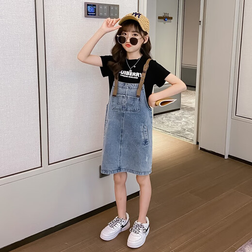 Little Gudu Bear Children's Clothing Girls Summer Dental Pants Skirt Set Short Sleeve T-shirt Children's Clothing Two-piece Girl's Dress White 120