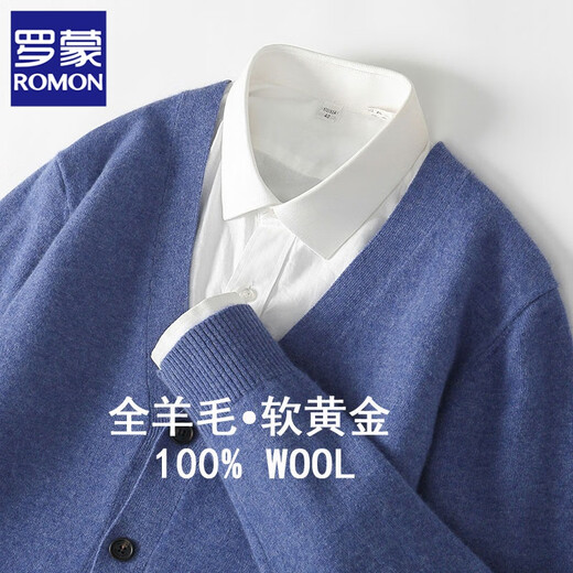 罗蒙（ROMON）秋冬新款100%羊毛开衫男V领纯色毛衣外套宽松休闲百搭针织衫上衣 天蓝色 L