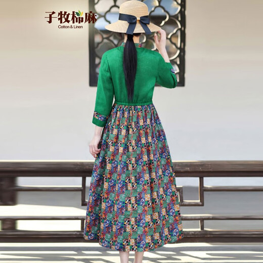 Coton Zimu et combinaison de printemps en lin Robe polyvalente pour femmes avec une taille à manches longues à la taille de la longueur du genou 9755 Green M (Recommandé 90-110jin [Jin est égal à 0,5 kg]))