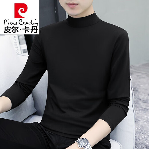 Pierre Cardin pure cotton spring and autumn half turtleneck bottoming shirt men's slim fit inner long-sleeved T-shirt mid-collar men's autumn coat outer wear YPT192 black half turtleneck L recommended 115-130 Jin Jin equals 0.5 kg