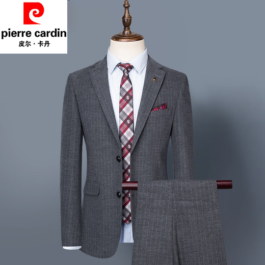 Pierre Cardin Suit Suit Men's Business Casual Professional Wear Striped Double Slit Suit Wedding Groom Dress Photography Studio Knitted Two-piece Set (suit + trousers) XL 180 135-150Jin Jin equals 0.5 kg