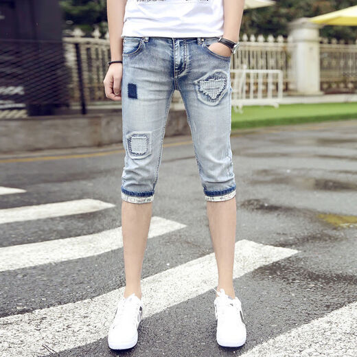 
Begiche men's jeans men's cropped pants summer thin slim youth mid-trousers 7-point pants summer student slim shorts 759 blue size 32 [waist circumference 2 feet 5]