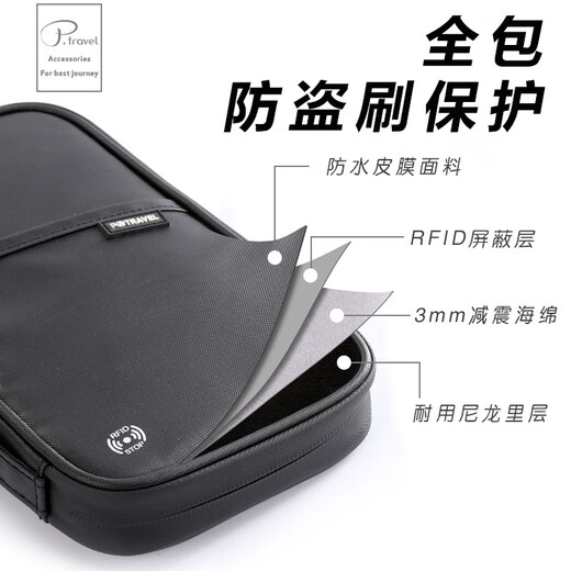 POTRAVEL.DESIGN Overseas travel passport bag, RFID shielding anti-theft card bag, ticket holder, document bag, family document storage bag, black