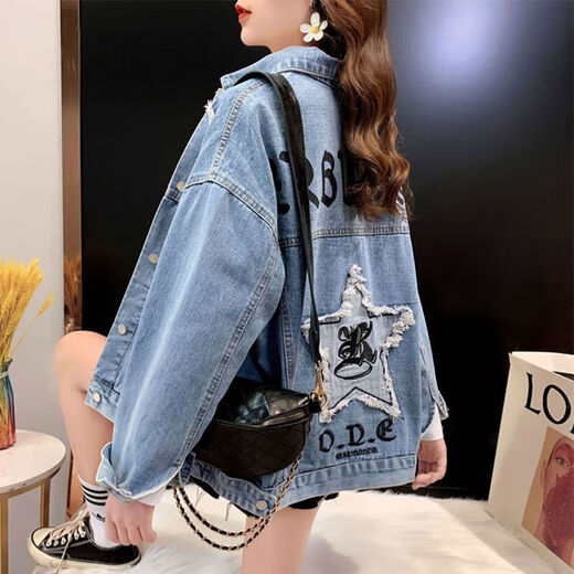 静洛雅牛仔外套女bf风休闲胖妹妹短款外套2025新款潮2025年牛仔衣服 9926#图片款蓝色 S 码建议80--100斤