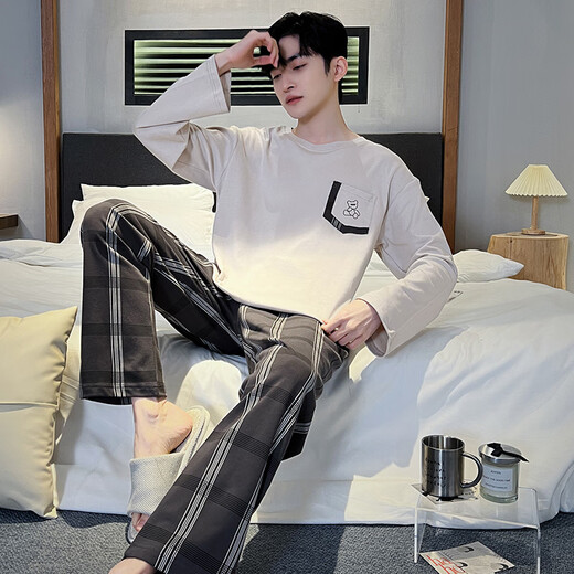 
Langsha pajamas men's spring and autumn long-sleeved suit 2024 new loose large size simple style student casual home clothing 15567 stripes L men (suitable for 100-130 Jin [Jin equals 0.5 kg])