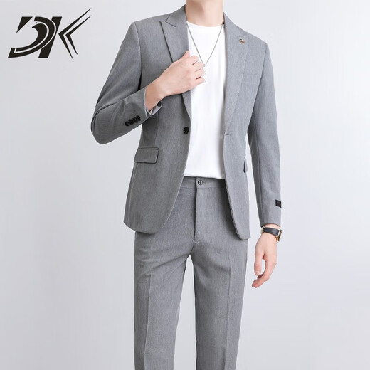 DK brand suit suit men's spring and autumn light mature style small suit jacket men's slim trendy solid color suit complete set gray suit + trousers M size