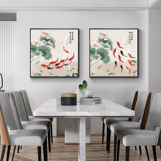 Xiaolulin Chinese style Jiuyu drawing decoration painting restaurant painting study office tea room hanging painting entrance entrance cabinet living room mural 15911 surplus year after year tempered crystal porcelain 70*70 black frame