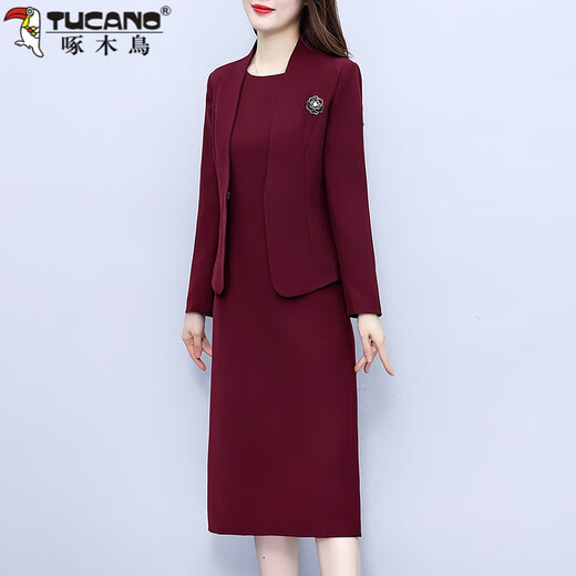 啄木鸟（TUCANO）喜婆婆婚宴装连衣裙女秋冬新款妈M妈晚礼服小西装外套两件套装 酒红色 2XL125-140斤