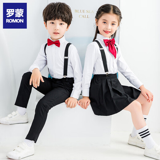 Romon children's suspenders boys graduation performance uniforms graduation chorus performance boy host flower girl dress suit women's four-piece suit black suspenders + short skirt + long-sleeved white shirt + burgundy collar flower 120