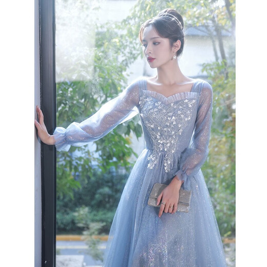
Seidler blue evening dress for women 2025 new banquet temperament long sleeve light luxury niche high-end performance art exam skirt blue L