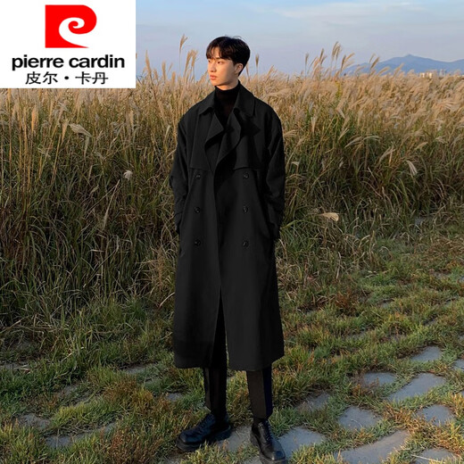 Pierre Cardin International Brand Spring and Autumn coreano y británico Windbreaker Jacket Fashion Men's Modion. Cubra larga tendencia de un solo pecho algodón negro m