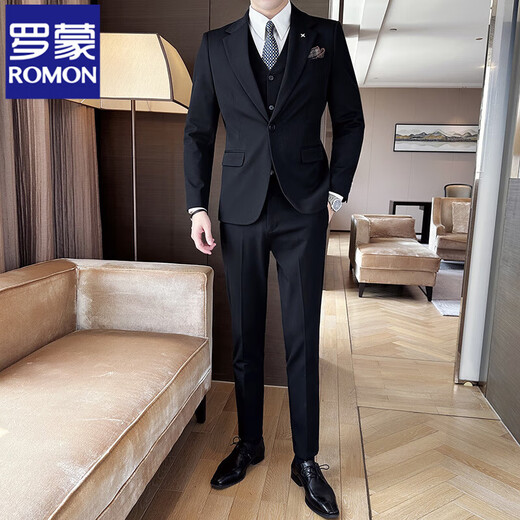 ROMON Costume simple léger et mature pour homme, grande taille, veste de costume, slim, pour les déplacements formels, marié, belle robe de mariée, costume bleu marine + gilet + pantalon + chemise blanche et cravate 2XL (54)