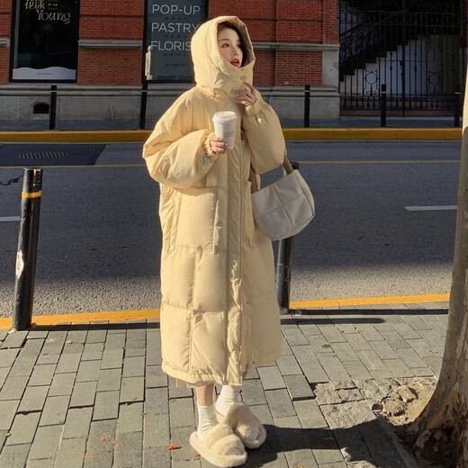 Amber heey Korean style large pocket white duck down jacket for women 2025 new mid-length lightweight hooded warm women's jacket creamy yellow S recommended (80-125Jin Jin equals 0.5 kg)