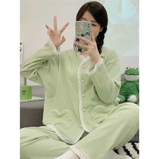 Mengdong Traje de confinamiento de invierno Algodón puro puro posparto lactancia materna Pajama de mujeres embarazadas de gran tamaño para mujeres Traje de verano de dos piezas de primavera y otoño V6626 Cardigan de algodón puro
