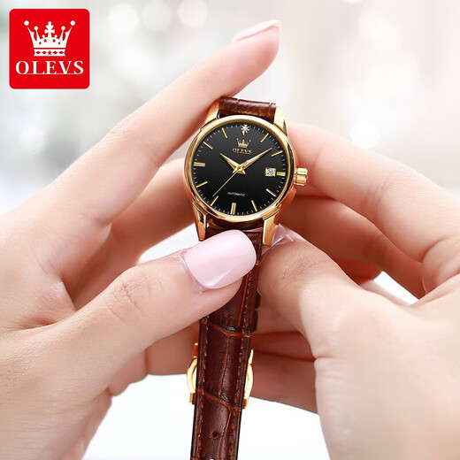 Olevs Swiss Certified Watch Mechanical Watch Totalmente automático Simple Women's Watch Small Birthday Gift For Girlfriend 6629 Femenina de cuero marrón Negro - grabado gratis