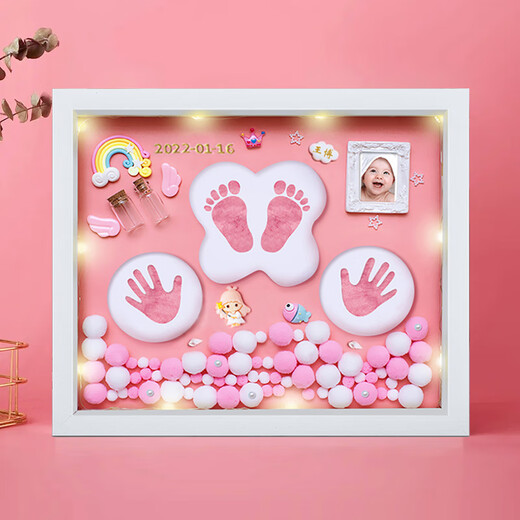 Full Moon Commemorative Hand and Footprint Mud Photo Frame Lanugo Hair Umbilical Cord Newborn Baby 100 Days Hand and Footprint Baby One-Year-Old Gift Model 12 Inch Simple Love Pink Style A
