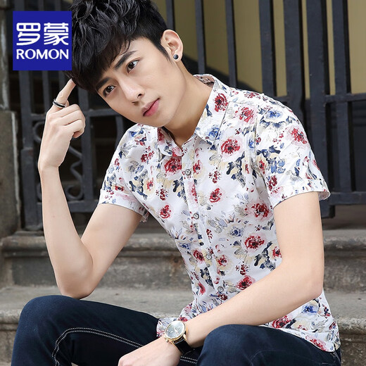 Romon Summer Herren Kurzarm-Hemd schlanker Jugenddruck Koreanischer Hemd im koreanischen Stil Casual Floral Tide Blue Herren-Kleidung 1048-5133 Dunkelblau XL (125-135jin [Jin Equals Equals gleichen]))