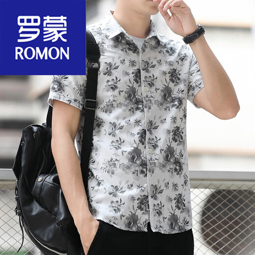 Chemise imprimée Romon Summer Mente à manches courtes de style coréen Mémure à manche coréen personnalisée mince mince fine et demi-manche à manches décontractées 826 noir M 90-110Jin [Jin est égal à 0,5 kg]