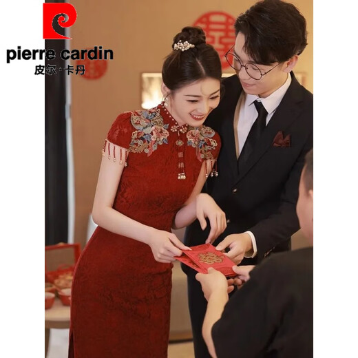 Pierre Cardin Official Burgundy Cheongsam Toast Wear Bride Wedding Chinese New Engagement Dress Back Door Dress Autumn Long Sleeve Burgundy Long Sleeve L