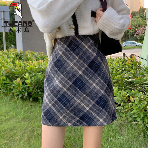 Woodpecker 2024 new autumn and winter woolen skirt college style retro high-waisted plaid skirt plaid hip-covering A-line skirt temperament brown elastic waist / inner trousers L recommended 105-120 Jin Jin equals 0.5 kg