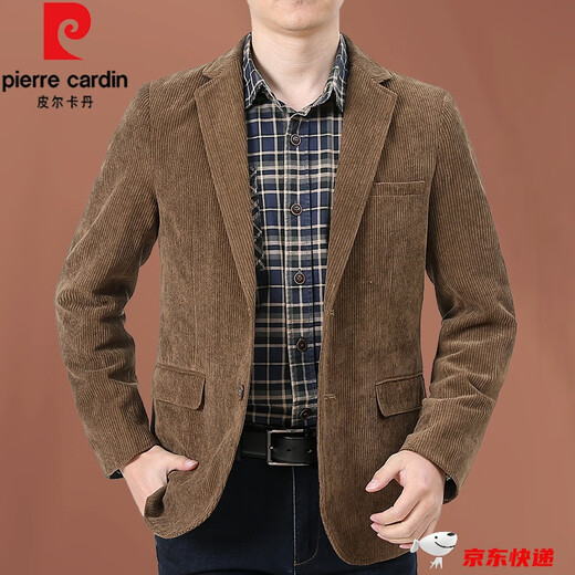 皮尔卡丹（pierre cardin）高档品牌男装 灯芯绒棉西装夹克外套男秋冬季男装感西服咖色小西 橙色 XL