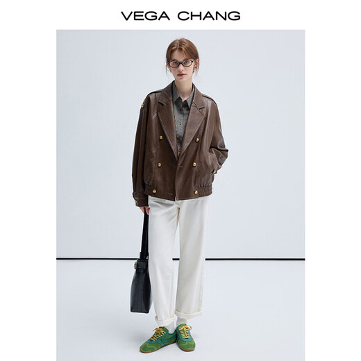 Vega Chang Spring y Autumn Leather Jacket for Women 2025 New Retro Wilderness Marrard Jacket Motorcycle Brown L