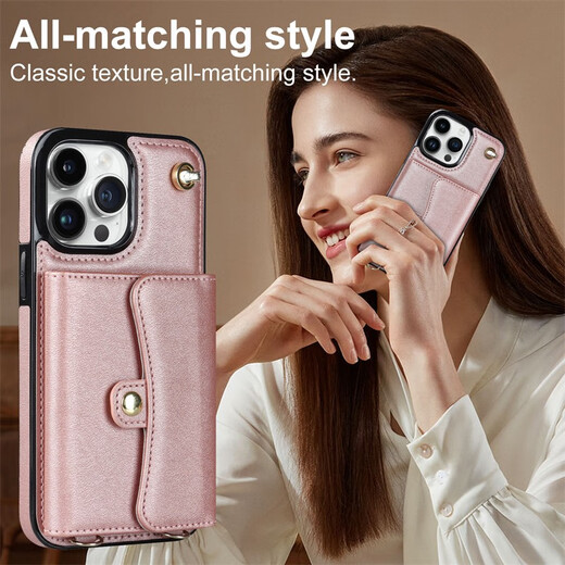 Jinhao Applicable to iPhone16pro max mobile phone case wallet leather case Apple 15 full cover 14 anti-fall 13 protective case card 12 bracelet high-end fashion bracelet + shoulder strap + organ card bag rose gold 6.7-inch apple 12pro max