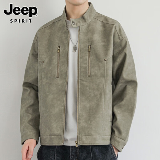 JEEP Men's Leather Jacket Autumn Retro Stand Collar Aviator Leather Jacket Casual Handsome Motorcycle Jacket Men's Versatile Trend 193 Bean Green XL