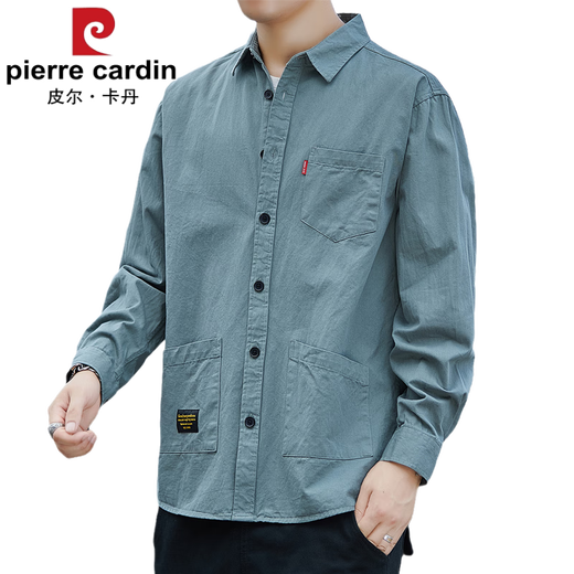 Pierre Cardin camisa de trabajo de alta gama chaqueta para hombre primavera y verano fina suelta casual bolsillo real camisa de algodón de manga larga de moda para hombre 6007-gris verde (manga larga) XL 175 recomendado 140-155 Jin Jin equivale a 0,5 kg