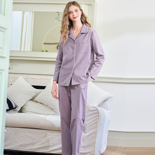 American Standard gives your lover new long-sleeved couple pajamas pure cotton suit for women spring and autumn pure cotton casual simple home wear for men misty purple M