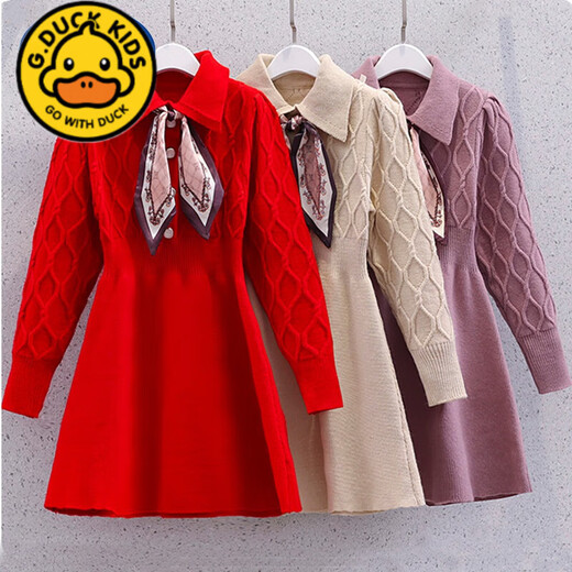 G.duck vestido de niña otoño e invierno 2024 nuevo estilo vestido de princesa de estilo universitario de manga larga falda de suéter de punto de otoño rojo 6189 120 cm