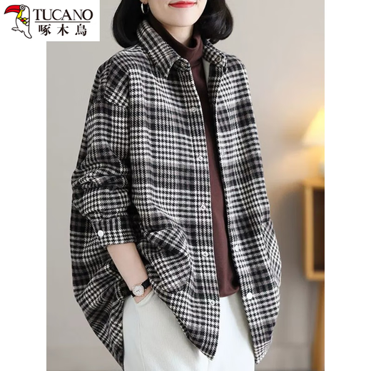 Woodpecker Brand Discount Retro Plaid Shirt Jacket Women's Western Style Loose Slim Lapel Plus Velvet Thick Brushed Top Black / Velvet Thickening Winter Warmth M Recommended 90-110 Jin Jin equals 0.5 kg