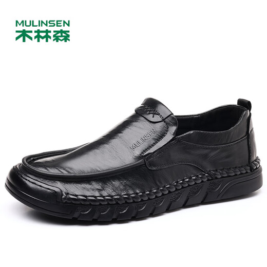 木林森男鞋秋季新款男士皮鞋软底真皮一脚蹬开车休闲乐福鞋中老年爸爸鞋 9197款黑色套脚款 43