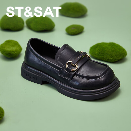 Saturday Women's Shoes Spring Soft Soled Shoes Girls Black Leather Shoes Loafers Parent-Child Shoes One-Step Versatile Black 38