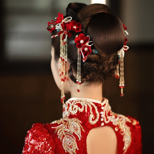 Haiyiduo wedding dress headdress bridal hair accessories set headband Korean fairy forest toasting clothing hair accessories Chinese dress accessories red velvet flower hairpin set