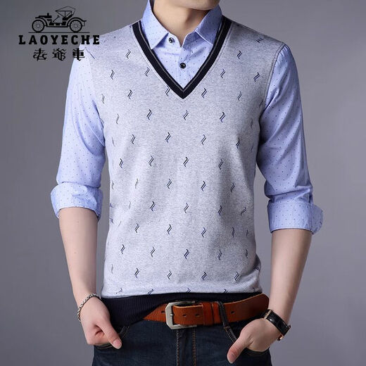 Classic Car (Laoyeche) High-End-Herren-T-Shirt mit falschem zweiteiligen Langarmjugend-Basishemd Korean Slim Strick Modentrend Herren Modell 3878 Blau 2xl 180