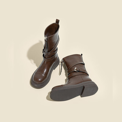 Neun-Zoll-Sonnenschein Maillard Midrohr Martin Boots Frauen Kurzstiefel 2025 Frühling und Herbst neue Frauenschuhe Western Retro Round Zehen dicke Ferse-Modestiefel mittelschwere Stiefel Frauen Brown 39