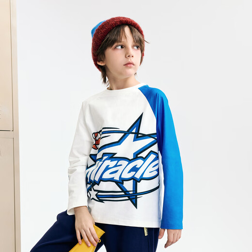 MQD (MQD) MQD boys' autumn college style raglan sleeves contrasting asymmetric long-sleeved T-shirt in white 130
