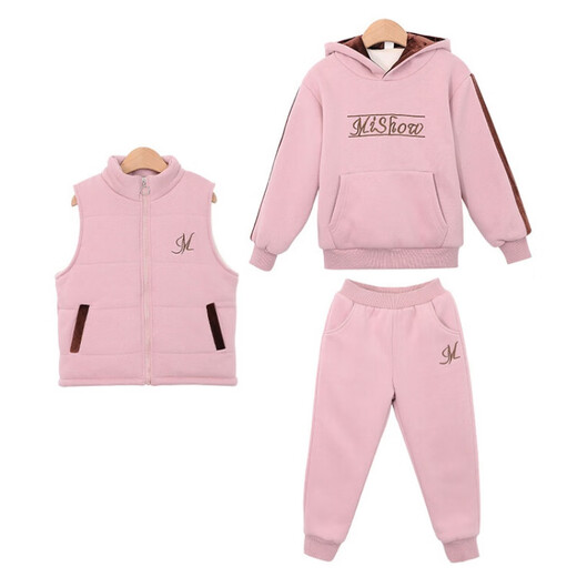 G.DUCKKIDS小黄鸭童装女童套装冬装加厚马甲儿童衣服女孩加绒卫衣中大童裤子 1585 粉色 120 尺码5~6岁【110-120cm】cm