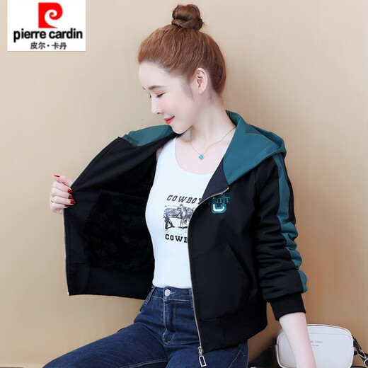 Pierre Cardin hooded velvet short jacket for women autumn and winter 2025 new Korean style fashionable embroidered versatile little man jacket baseball uniform apricot velvet thickened 3503# S recommended 70-90Jin Jin equals 0.5 kg