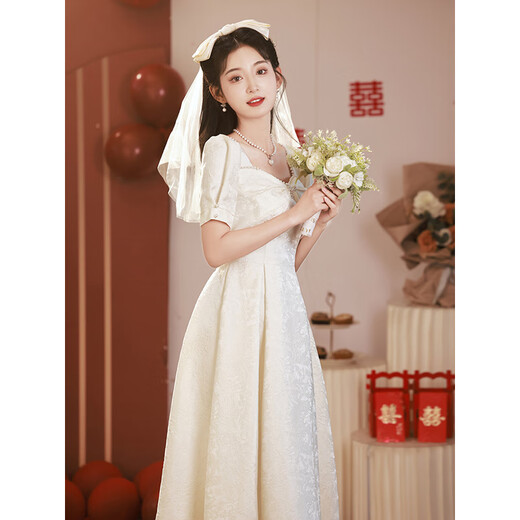 麦斯贝思白色礼服女宴会晚礼服订婚连衣裙日常可穿领证登记小白裙小个子夏 白色 M 建议96-105斤