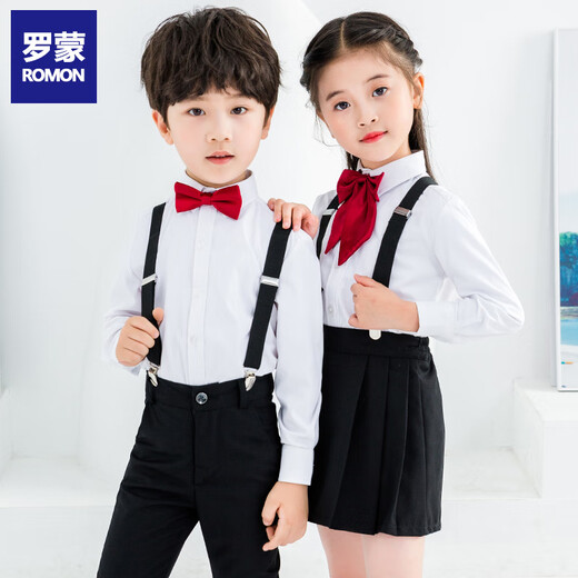 Romon children's suspenders boys graduation performance uniforms graduation chorus performance boy host flower girl dress suit women's four-piece suit black suspenders + short skirt + long-sleeved white shirt + burgundy collar flower 120