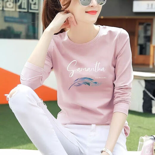 皮尔卡丹纯棉长袖上衣t恤女士新款秋季印花显瘦薄款圆领百搭简约打底衫 723#灰粉 【长袖】 XL 【建议110-125斤】