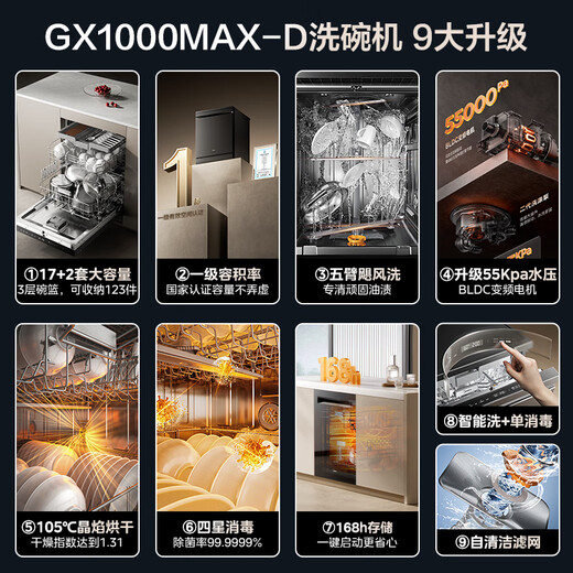 Midea (Midea) 17 sets of Xiaoximei dishwashers GX1000Max-D single-embedded dual-purpose installation dishwasher frequency conversion universal five-arm hurricane wash 105 hot air drying four-star disinfection