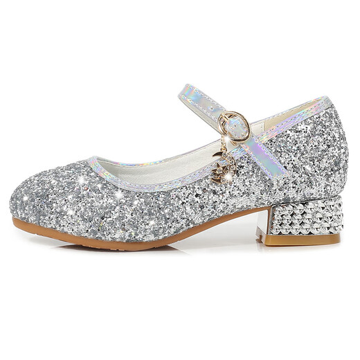 SANGJI girls princess shoes dress silver performance crystal shoes summer children high heels model catwalk performance leather shoes silver size 33