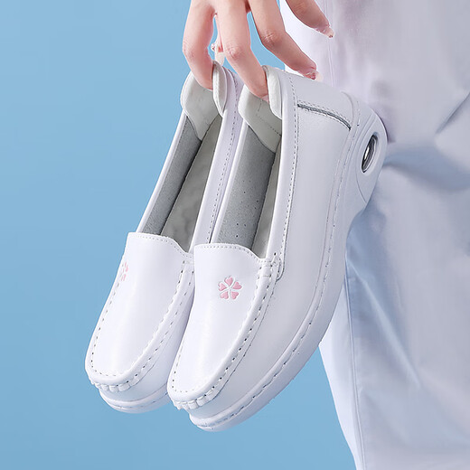津炳胜护士鞋女春秋舒适防滑医护工作专用小白鞋一脚蹬久站不累脚平底鞋 护士鞋粉花【防磨气垫款】38码 20 脚宽脚胖拍大一码丨久穿不累脚
