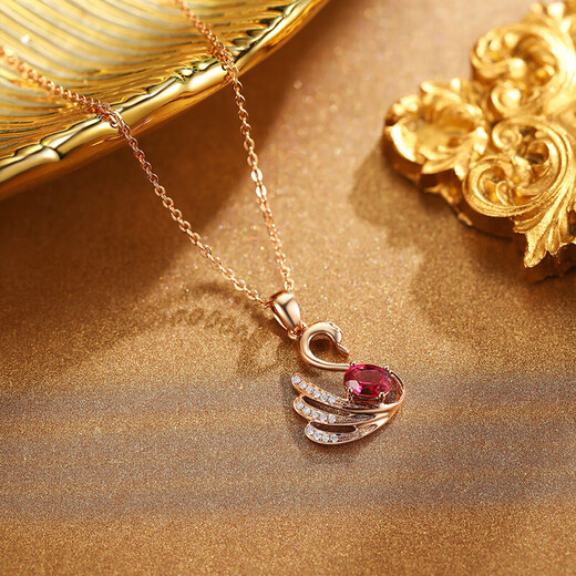 Fantimo 18k rose gold ruby tourmaline colored gemstone necklace for women, swan colored gold and diamond gift, tourmaline swan pendant in stock/including 18K gold chain