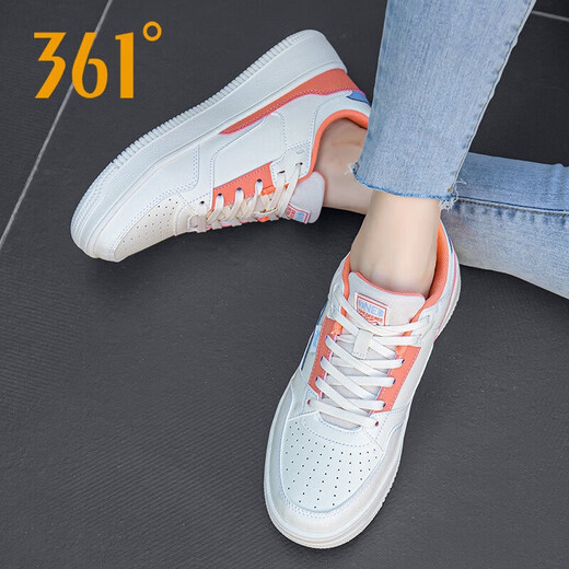 361 women's shoes, leather casual shoes 2025 summer new white shoes, waterproof skateboard shoes, height-enhancing sports shoes for women, feather white/pink orange 6623 35