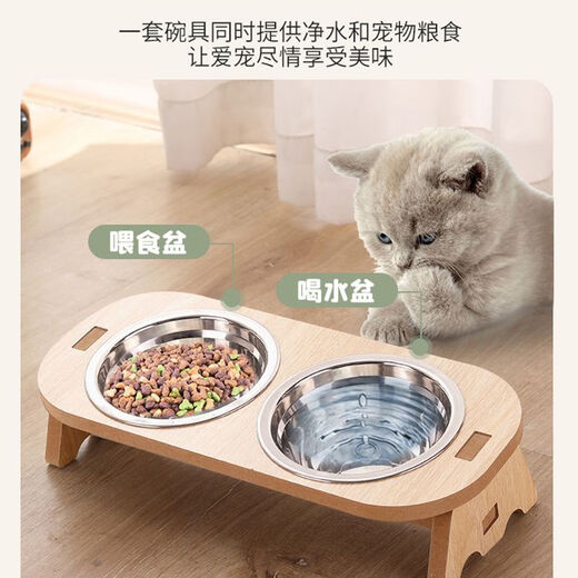 Junkiss cat bowl that cannot be knocked over, large capacity, extra large neck protection, anti-black chin kitten water bowl, stainless steel cat double bowl cat food basin, white birch color, large size - double bowl - food grade stainless steel basin - dry rice and drinking water